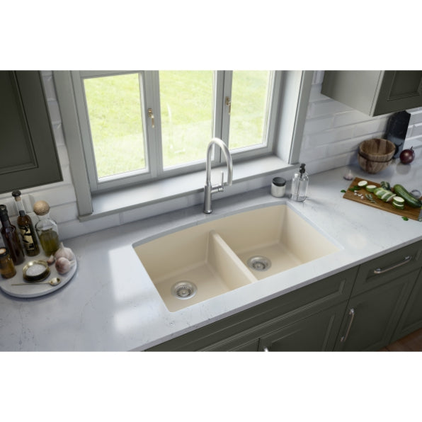 Alternate Image for Karran 33" Undermount Quartz Composite Kitchen Sink, 50/50 Double Bowl, Bisque, QU-710-BI