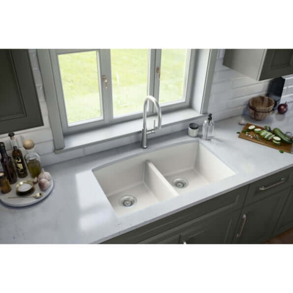 Alternate Image for Karran 33" Undermount Quartz Composite Kitchen Sink, 50/50 Double Bowl, White, QU-710-WH-PK1