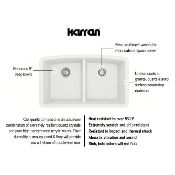 Alternate Image for Karran 33" Undermount Quartz Composite Kitchen Sink, 50/50 Double Bowl, White, QU-710-WH-PK1