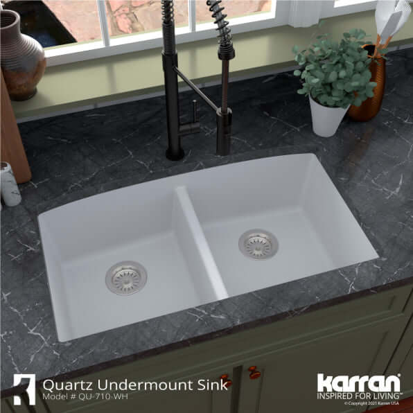 Alternate Image for Karran 33" Undermount Quartz Composite Kitchen Sink, 50/50 Double Bowl, White, QU-710-WH-PK1
