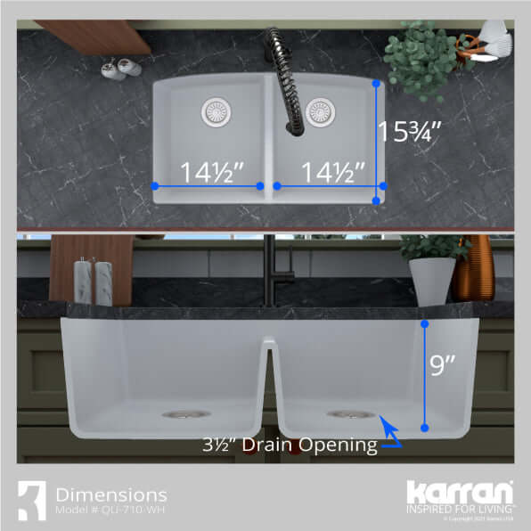 Alternate Image for Karran 33" Undermount Quartz Composite Kitchen Sink, 50/50 Double Bowl, White, QU-710-WH-PK1