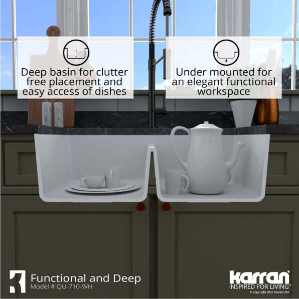 Alternate Image for Karran 33" Undermount Quartz Composite Kitchen Sink, 50/50 Double Bowl, White, QU-710-WH-PK1