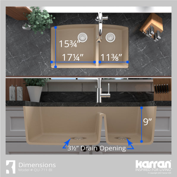 Alternate Image for Karran 32" Undermount Quartz Composite Kitchen Sink, 60/40 Double Bowl, Bisque, QU-711-BI-PK1