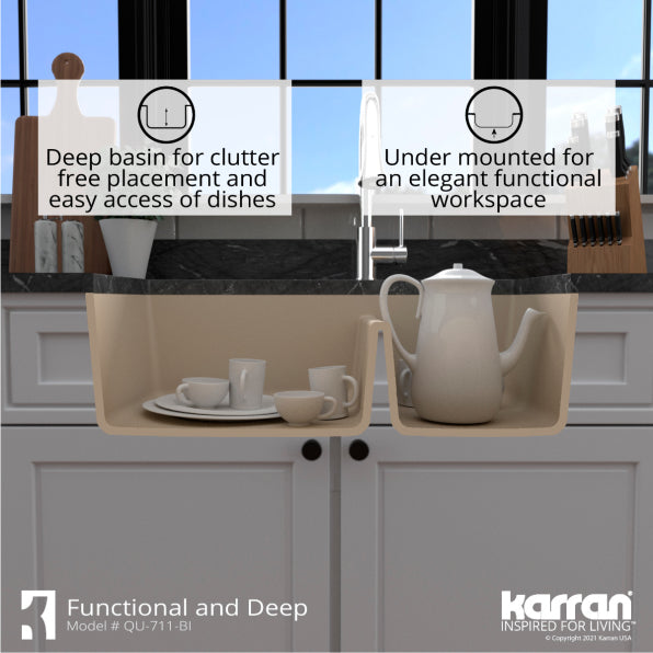 Alternate Image for Karran 32" Undermount Quartz Composite Kitchen Sink, 60/40 Double Bowl, Bisque, QU-711-BI-PK1