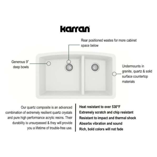 Alternate Image for Karran 32" Undermount Quartz Composite Kitchen Sink, 60/40 Double Bowl, White, QU-711-WH-PK1