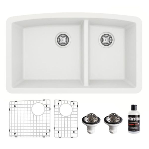 Karran 32" Undermount Quartz Composite Kitchen Sink, 60/40 Double Bowl, White, QU-711-WH-PK1