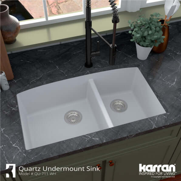 Alternate Image for Karran 32" Undermount Quartz Composite Kitchen Sink, 60/40 Double Bowl, White, QU-711-WH-PK1