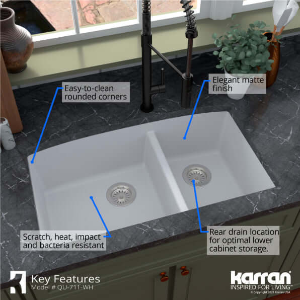 Alternate Image for Karran 32" Undermount Quartz Composite Kitchen Sink, 60/40 Double Bowl, White, QU-711-WH-PK1