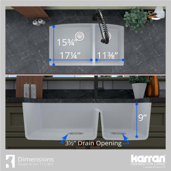 Alternate Image for Karran 32" Undermount Quartz Composite Kitchen Sink, 60/40 Double Bowl, White, QU-711-WH-PK1