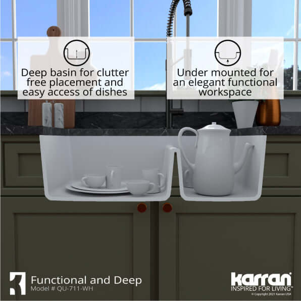 Alternate Image for Karran 32" Undermount Quartz Composite Kitchen Sink, 60/40 Double Bowl, White, QU-711-WH-PK1