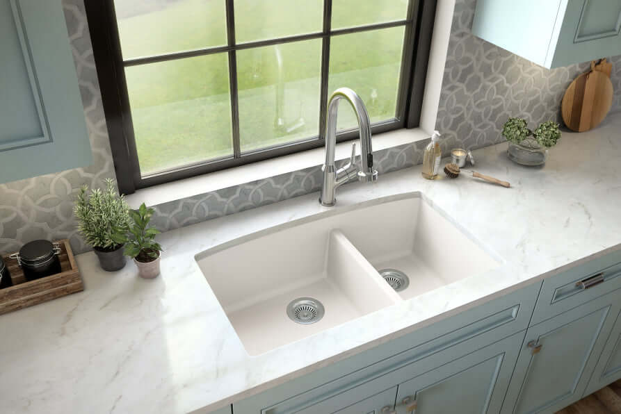 Alternate Image for Karran 32" Undermount Quartz Composite Kitchen Sink, 60/40 Double Bowl, White, QU-711-WH-PK1