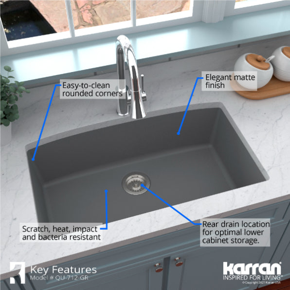 Alternate Image for Karran 32" Undermount Quartz Composite Kitchen Sink, Grey, QU-712-GR-PK1