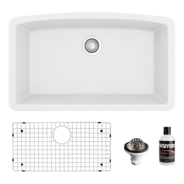 Karran 32" Undermount Quartz Composite Kitchen Sink, White, QU-712-WH-PK1