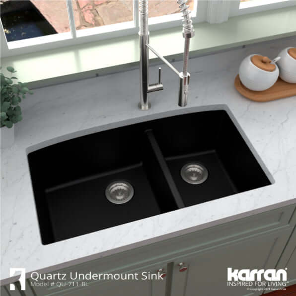 Alternate Image for Karran 33" Undermount Quartz Composite Kitchen Sink, 60/40 Double Bowl, Black, QU-711-BL