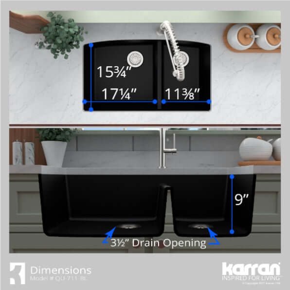 Alternate Image for Karran 33" Undermount Quartz Composite Kitchen Sink, 60/40 Double Bowl, Black, QU-711-BL
