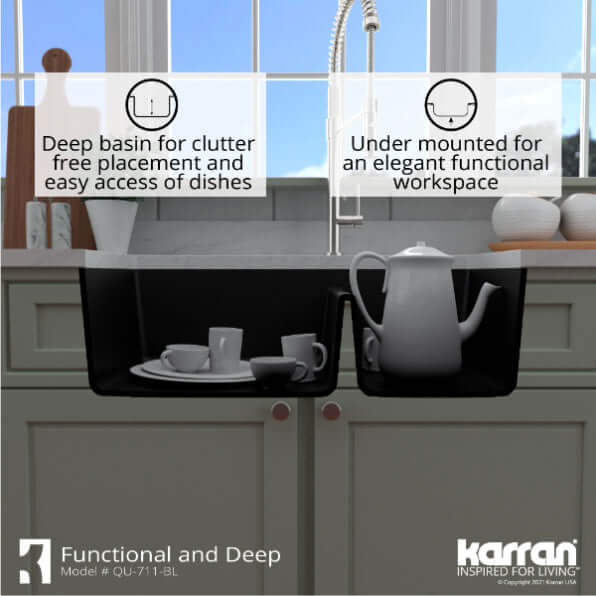 Alternate Image for Karran 33" Undermount Quartz Composite Kitchen Sink, 60/40 Double Bowl, Black, QU-711-BL