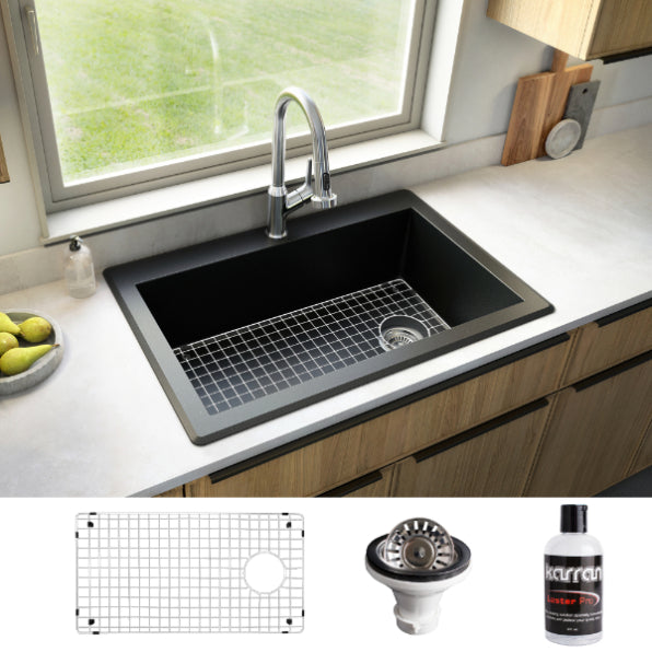 Karran 33" Drop In/Topmount Quartz Composite Kitchen Sink, Black, QT-670-BL-PK1