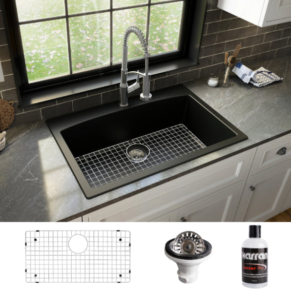 Karran 33" Drop In/Topmount Quartz Composite Kitchen Sink, Black, QT-712-BL-PK1