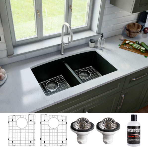 Karran 33" Undermount Quartz Composite Kitchen Sink, 50/50 Double Bowl, Black, QU-710-BL-PK1