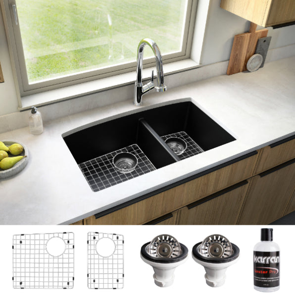 Alternate Image for Karran 32" Undermount Quartz Composite Kitchen Sink, 60/40 Double Bowl, Black, QU-711-BL-PK1