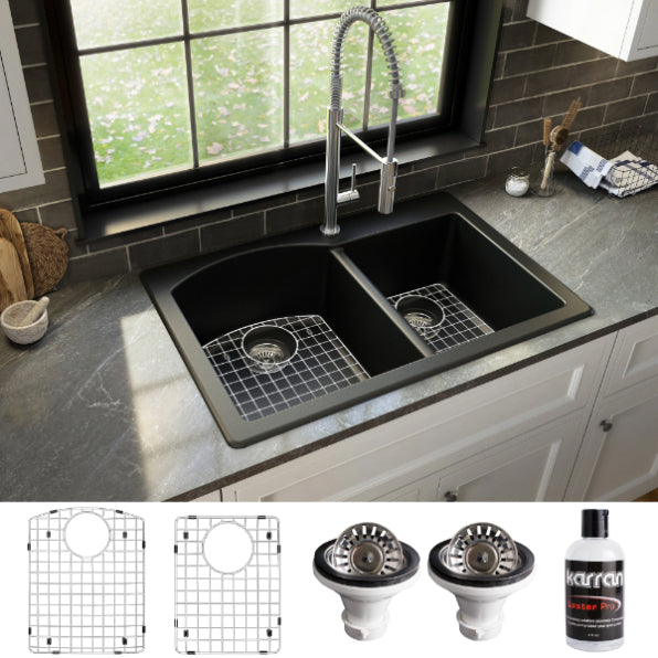 Karran 33" Drop In/Topmount Quartz Composite Kitchen Sink, 60/40 Double Bowl, Black, QT-610-BL-PK1