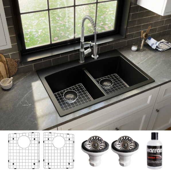 Karran 33" Drop In/Topmount Quartz Composite Kitchen Sink, 50/50 Double Bowl, Black, QT-710-BL-PK1