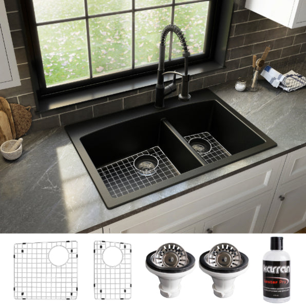 Karran 33" Drop In/Topmount Quartz Composite Kitchen Sink, 60/40 Double Bowl, Black, QT-711-BL-PK1