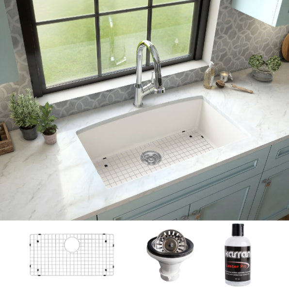 Karran 32" Undermount Quartz Composite Kitchen Sink, White, QU-712-WH-PK1