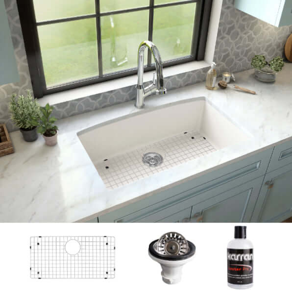 Alternate Image for Karran 32" Undermount Quartz Composite Kitchen Sink, White, QU-712-WH-PK1