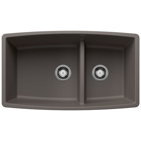 Blanco Performa 33" Undermount Silgranit Kitchen Sink, 60/40 Double Bowl, Volcano Gray, No Faucet Hole, 443125