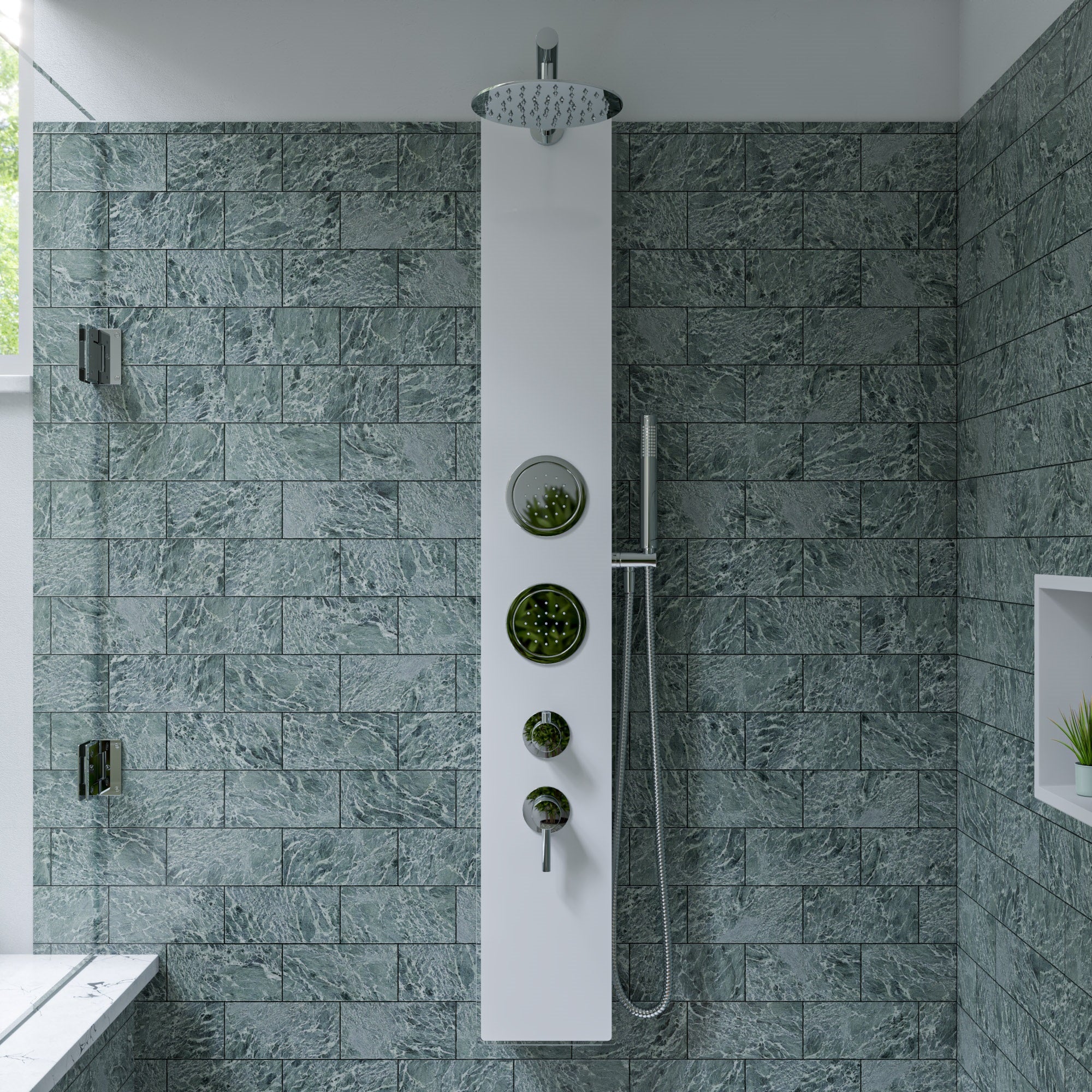 ALFI brand ABSP50W White Glass Shower Panel with 2 Body Sprays and Rain Shower Head