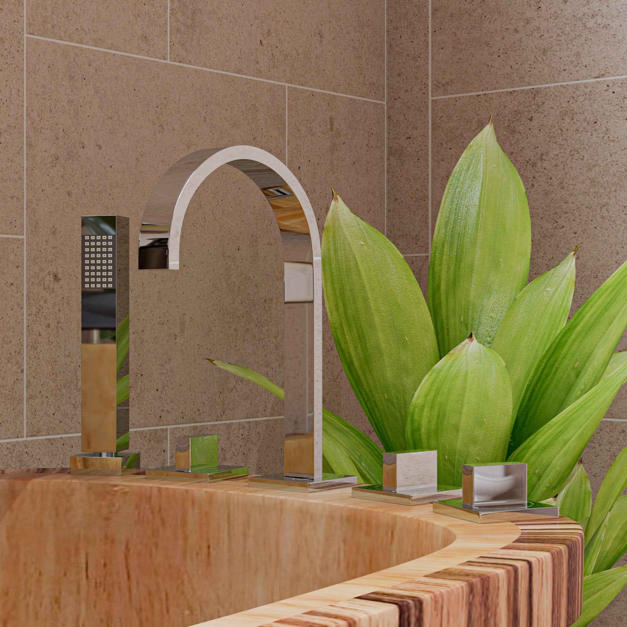 Alternate Image for ALFI brand 59" Rubber Wood Free Standing Rectangle Bathtub with Chrome Tub Filler, Natural Wood, AB1148