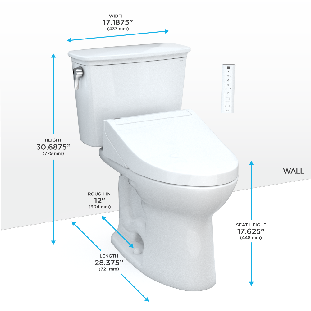 TOTO Drake Transitional WASHLET+ Two-Piece Elongated 1.28 GPF Universal Height TORNADO FLUSH Toilet with C5 Bidet Seat, Cotton White, Vitreous China, MW7863084CEFG#01