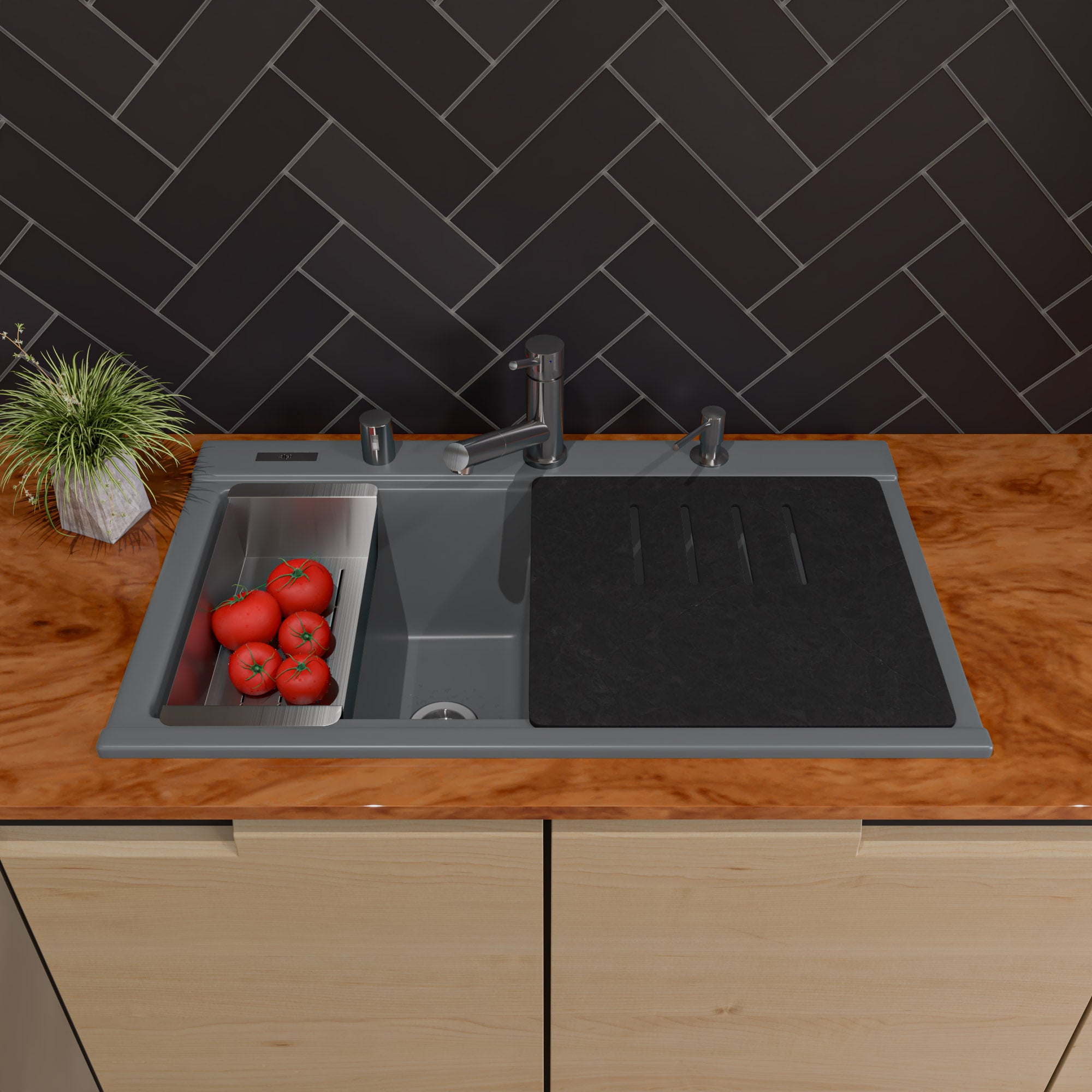 Alternate Image for ALFI 34" Drop In Granite Composite Workstation Kitchen Sink with Accessories, 50/50 Double Bowl, Titanium, 1 Faucet Hole, AB3418DBDI-T