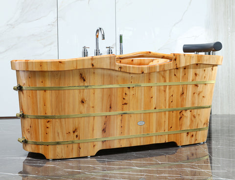 ALFI brand 61" Cedar Wood Free Standing Oval Bathtub with Chrome Tub Filler, Natural Wood, AB1136