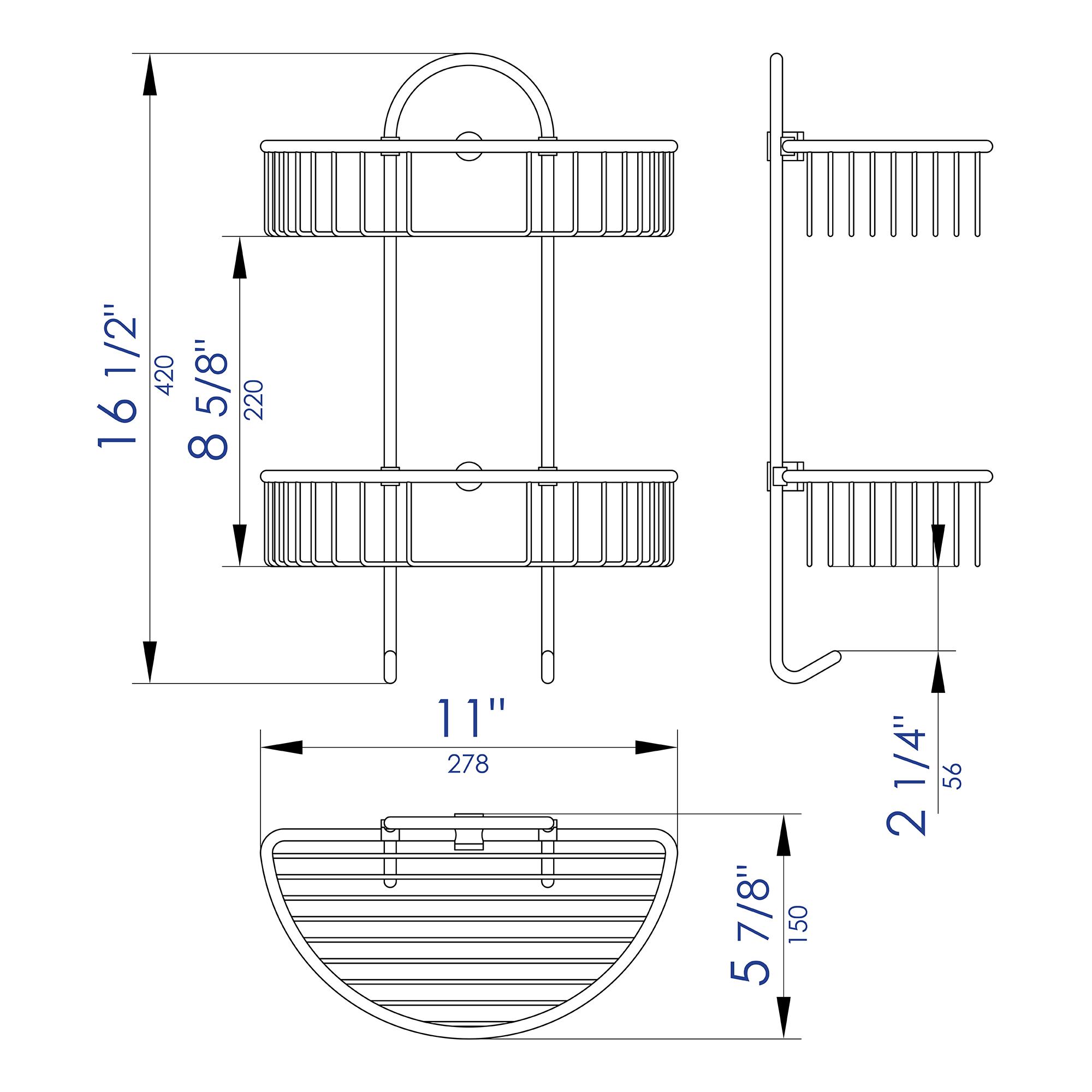 ALFI brand AB9534 Polished Chrome Wall Mounted Double Basket Shower Shelf Bathroom Accessory, Brass, Grey
