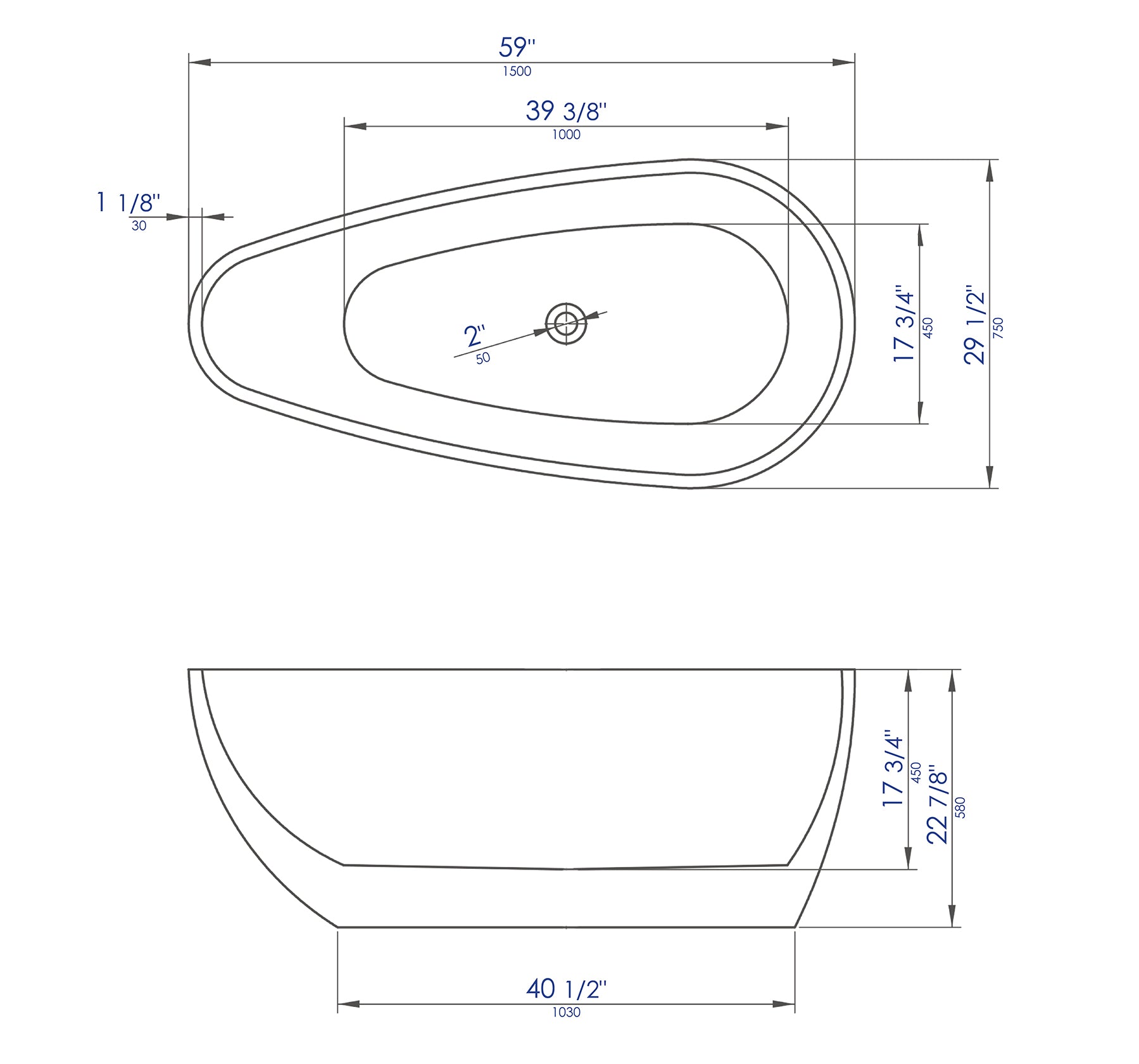 ALFI brand 59" Acrylic Free Standing Oval Soaking Bathtub, White, AB8861