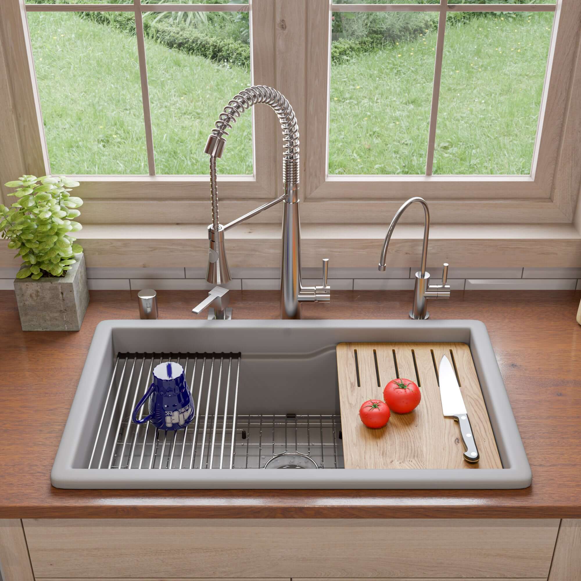 ALFI brand 32 fireclay workstation farmhouse step rim sink gray matte product image