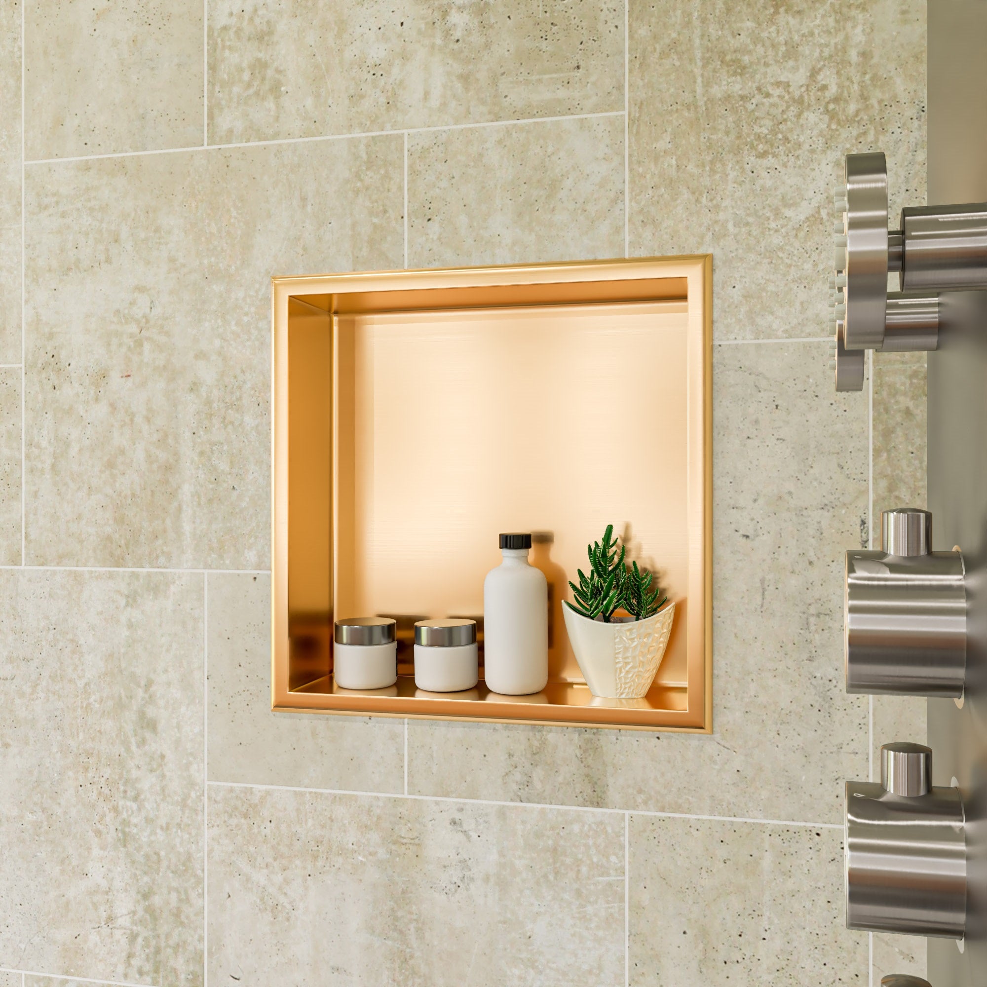 ALFI brand ABNP1616-BG 16" x 16" Brushed Gold PVD Steel Square Single Shelf Shower Niche, Stainless Steel, 20 Gauge