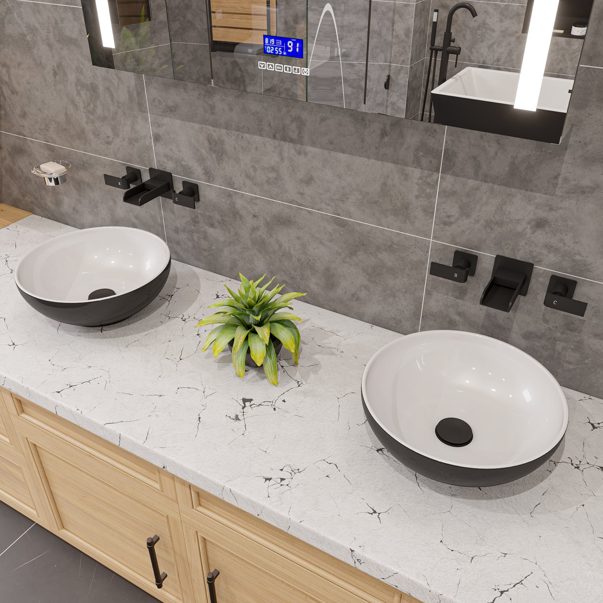 ALFI brand 15.13" x 15.13" Round Above Mount Porcelain Bathroom Sink, Black & White, No Faucet Hole, ABC906