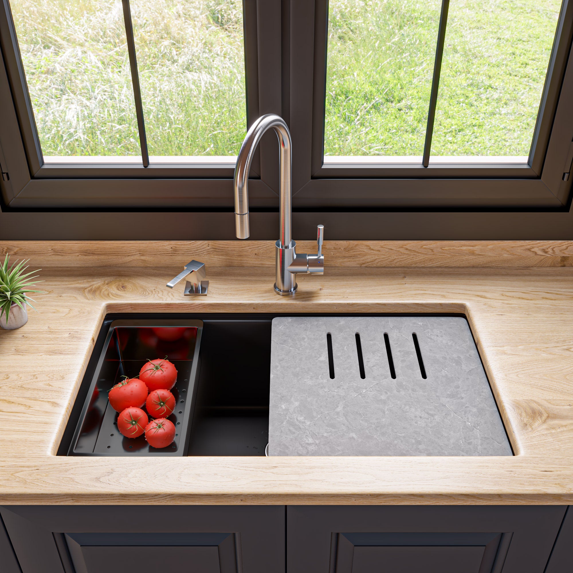 Alternate Image for ALFI brand 34" Under Mount Granite Composite Workstation Kitchen Sink with Accessories, Black, No Faucet Hole, AB3418SBUM-BLA