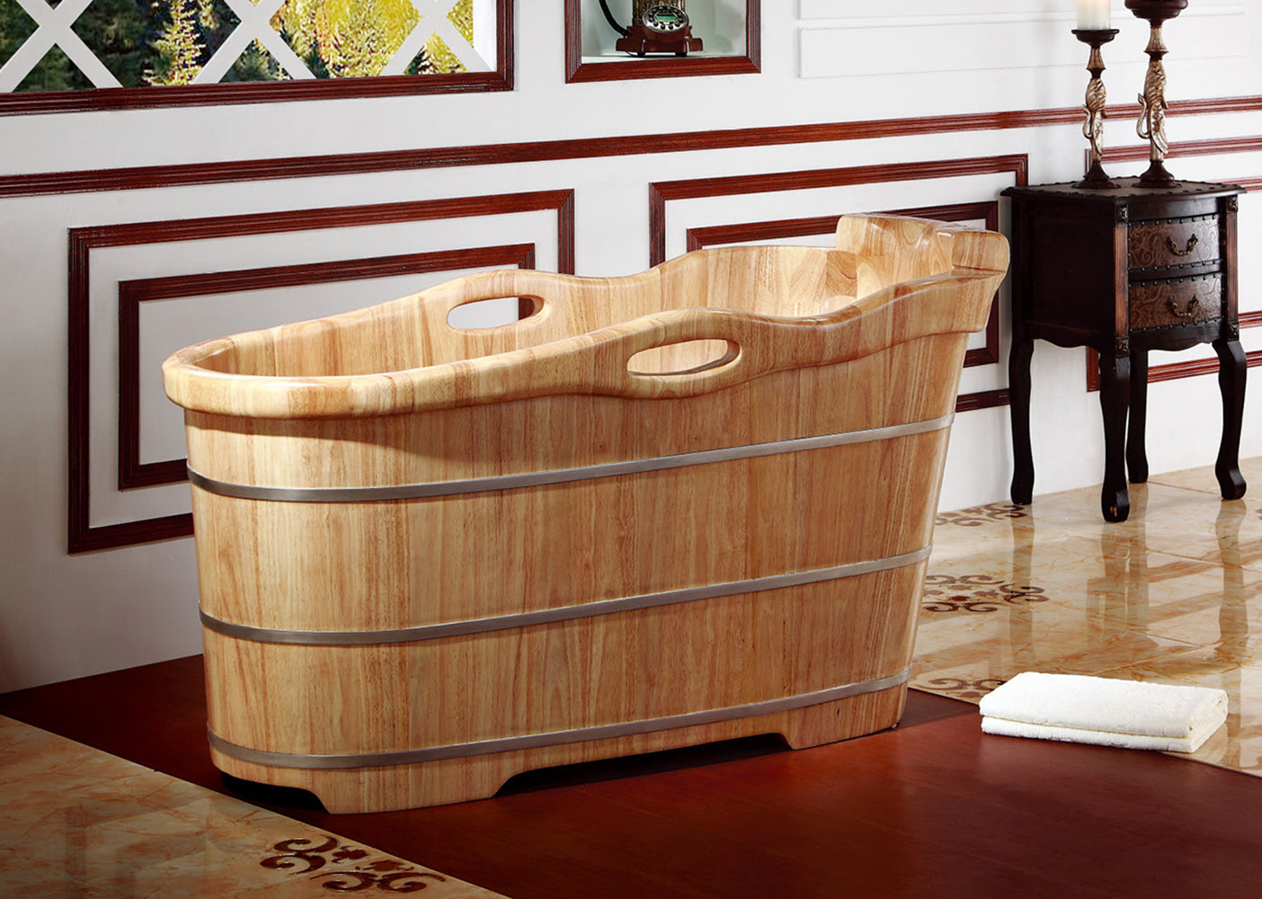 Alternate Image for ALFI brand 57" Rubber Wood Free Standing Oval Soaking Bathtub, Natural Wood, AB1187