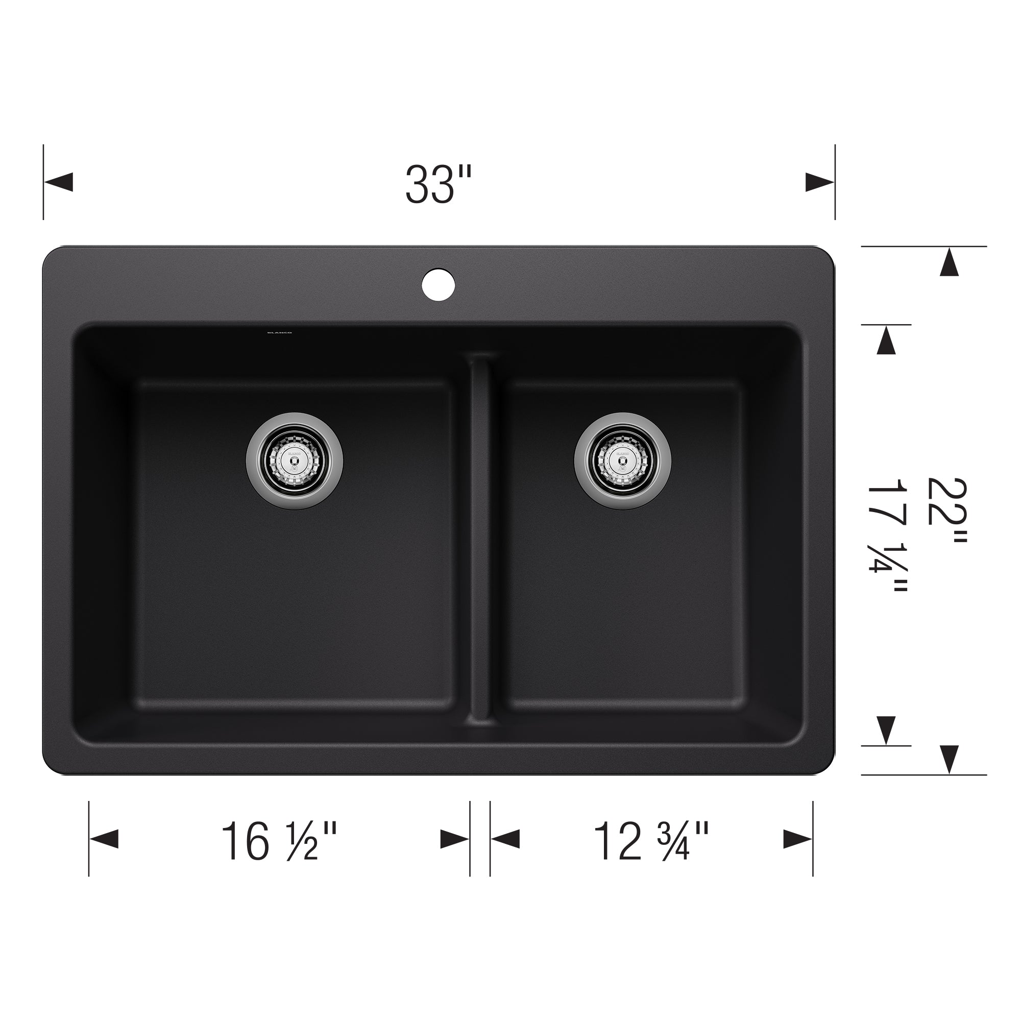 Alternate Image for Blanco Liven 33" Dual Mount Silgranit Kitchen Sink, 60/40 Double Bowl, Coal Black, 1 Faucet Hole, 443210