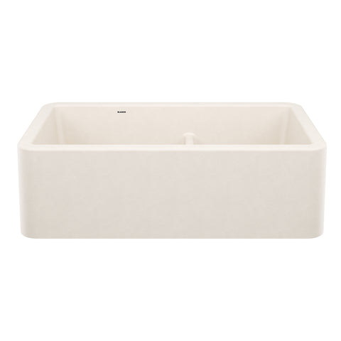 Blanco Ikon 33" Silgranit Farmhouse Sink, 60/40 Double Bowl, Soft White, No Faucet Hole, 443078