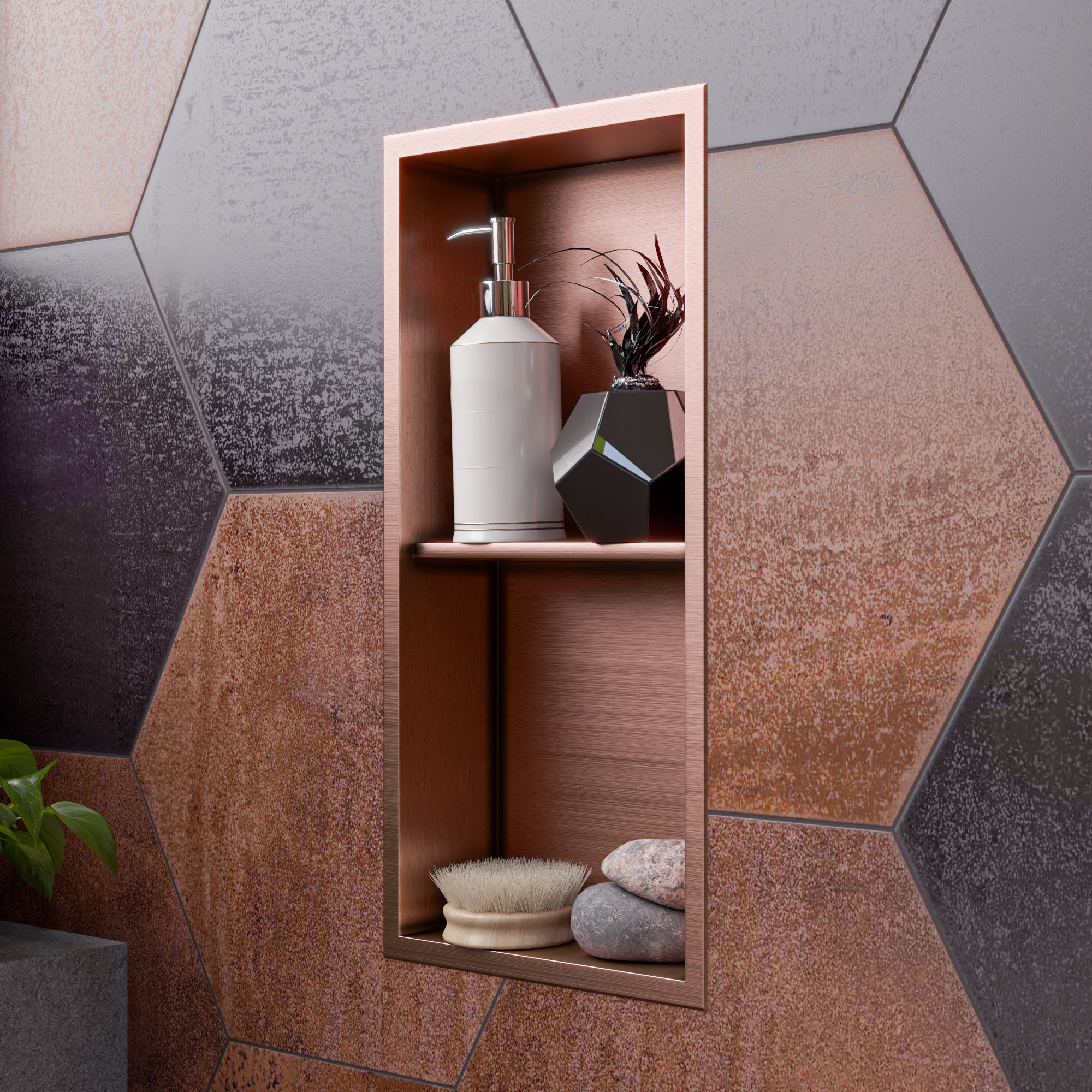 Alternate Image for ALFI brand ABNP1224-BC 12" x 24" Brushed Copper PVD Stainless Steel Vertical Double Shelf Shower Niche, 20 Gauge