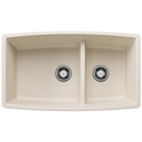 Blanco Performa 33" Undermount Silgranit Kitchen Sink, 60/40 Double Bowl, Soft White, No Faucet Hole, 443088