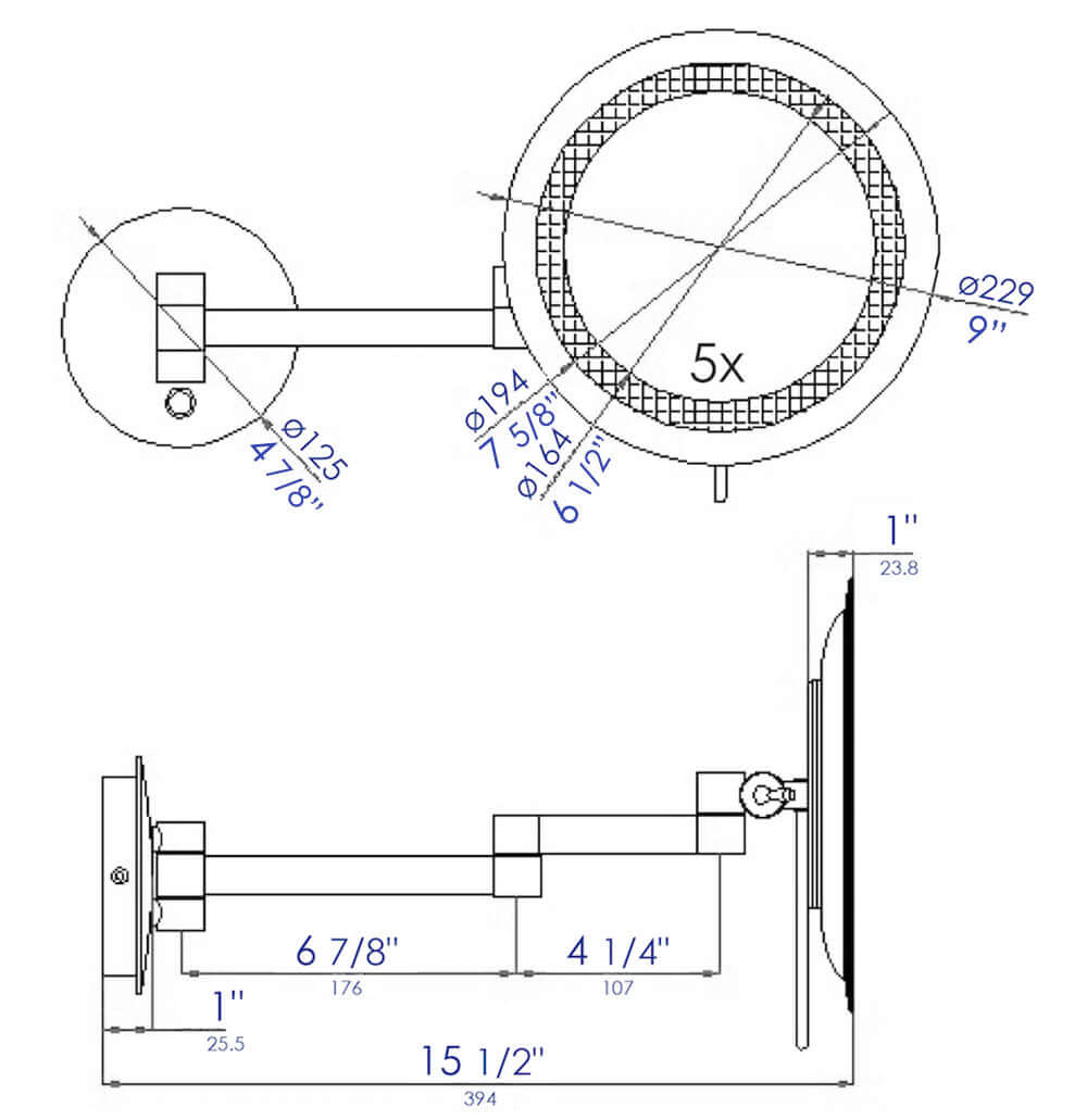 Alternate Image for ALFI brand ABM9WLED-BN Brushed Nickel Wall Mount Round 9" 5x Magnifying Cosmetic Mirror with Light