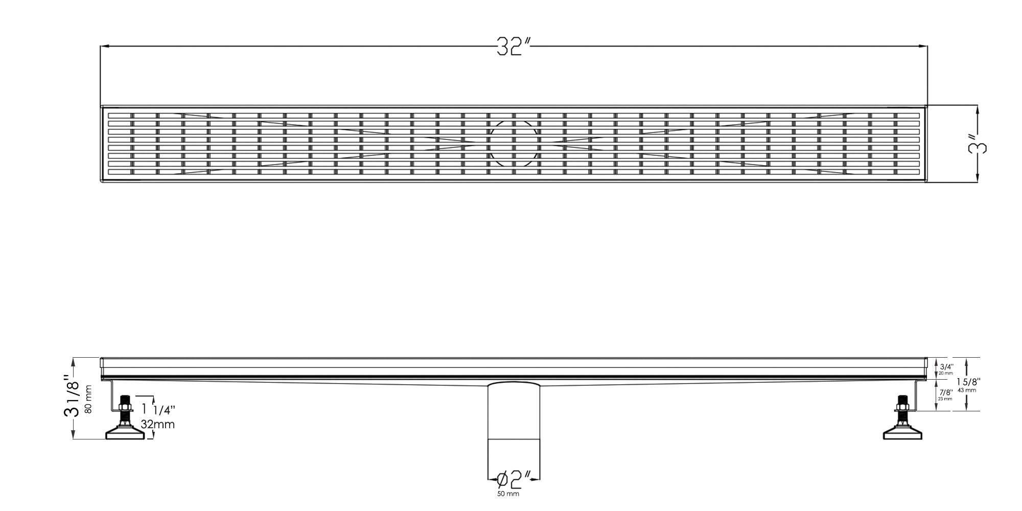 ALFI brand ABLD32D 32" Modern Stainless Steel Linear Shower Drain with Groove Lines, Grey