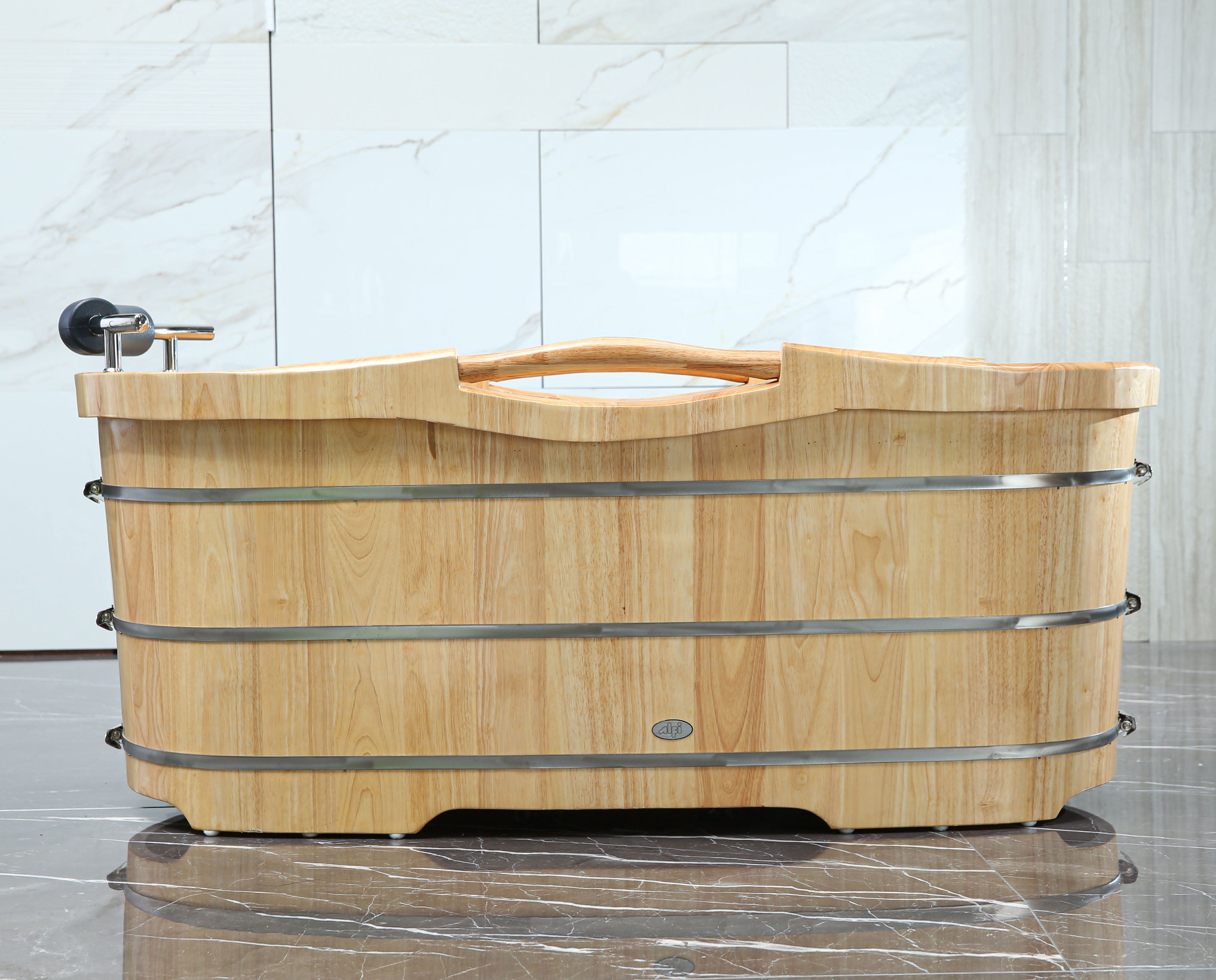 Alternate Image for ALFI brand 61" Rubber Wood Free Standing Oval Bathtub with Cushion Headrest, Natural Wood, AB1163