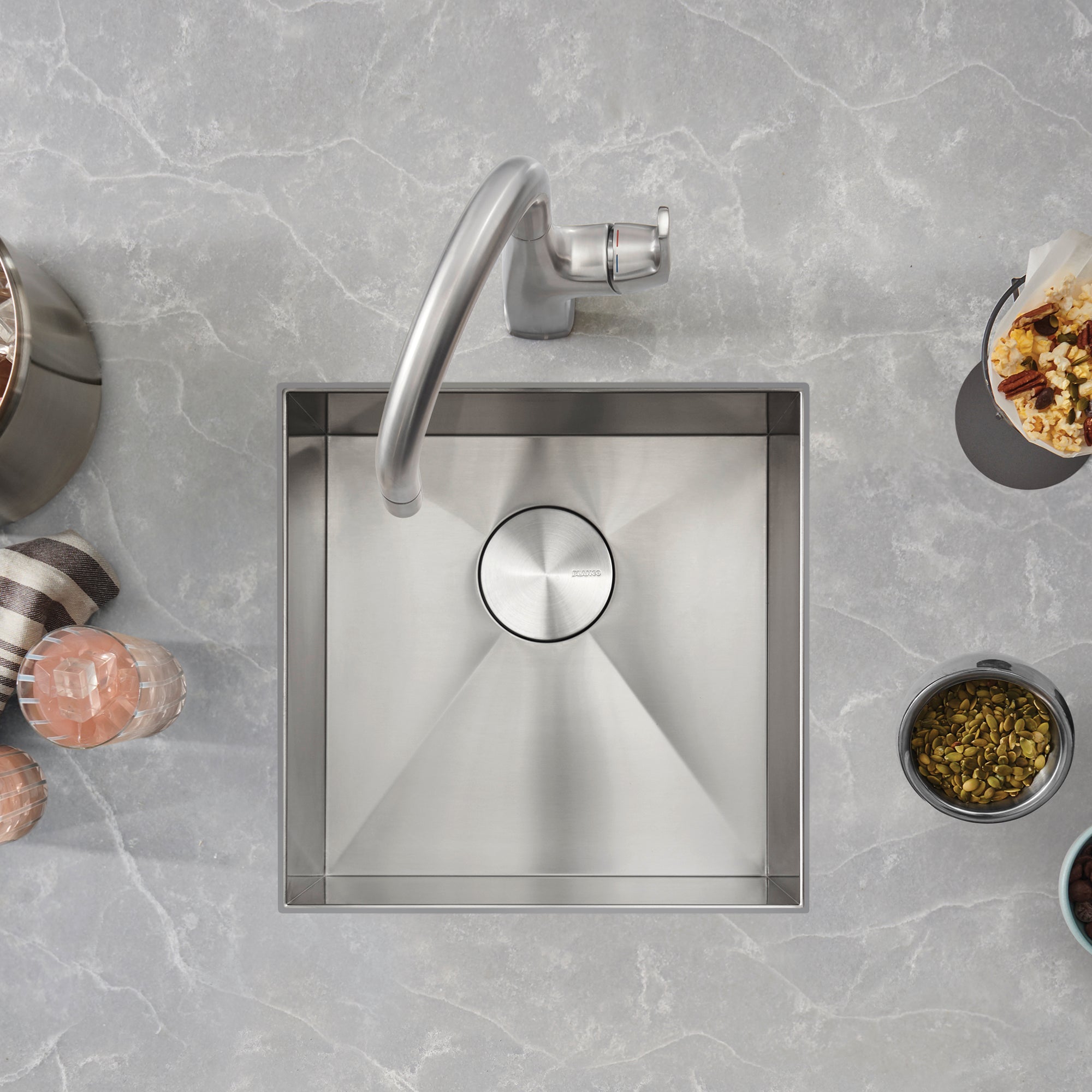 Blanco Quatrus 17" Square Stainless Steel Bar/Prep Sink, Satin Polish, 18 Gauge, No Faucet Hole, 443049